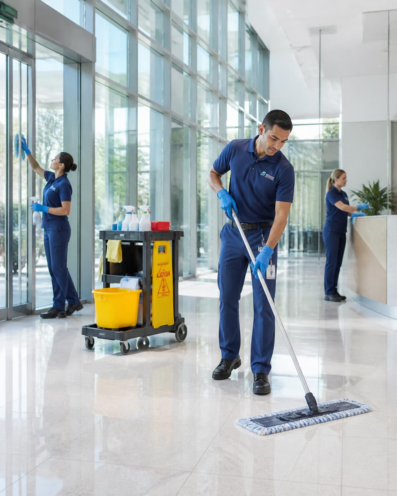 Equipo profesional de limpieza comercial en el lobby de un edificio moderno